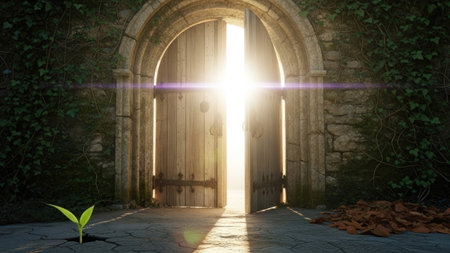 An open wooden door illuminates with bright sunlight, creating a pathway. The image presents a vibrant visual of light and shadow, with a single plant in the foreground. This could be used for various commercial concepts such as motivation or growth.の素材