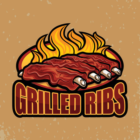 Grilled Ribs Logo with Fire Backgroundのイラスト素材