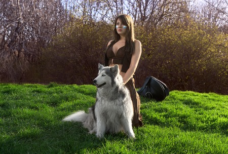 woman in leather clothing walks Husky