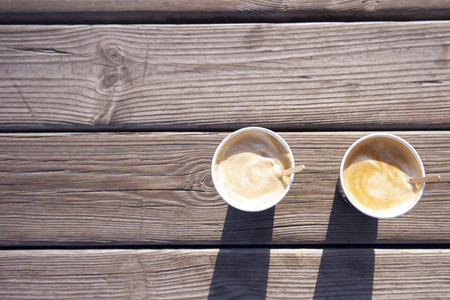 Coffee on wooden backgroundの写真素材