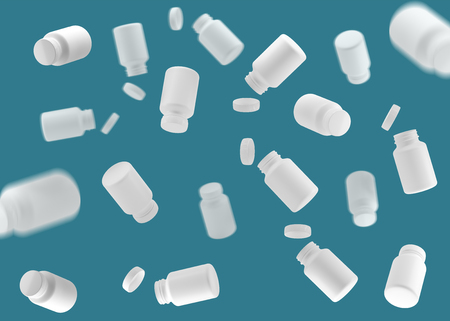 3D White bottle vitamins. White can in flight. 3d render. 3D image. 3D modelの写真素材