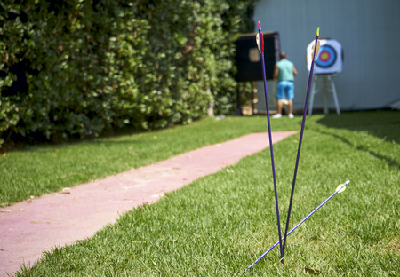 Arrows on the lawn. Tire in the open.のeditorial素材