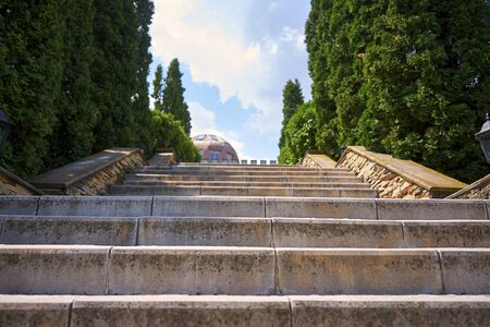 Staircase leading up to the manor. green juniper is planted around