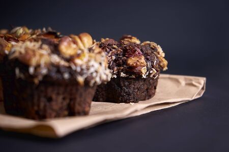 delicious diet chocolate muffin lies on the tableの写真素材