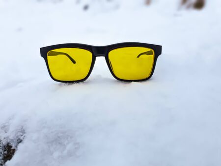 Yellow Sunglass on ice in North Indiaの写真素材