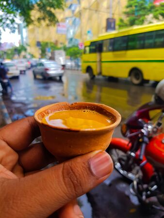 Tea on clay cups - Famous clay cup Chai from the street of Kolkata,Indiaの写真素材