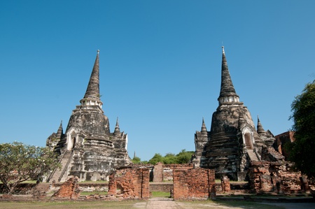thailand temple in ayutthaya and blue sky in the morningの写真素材