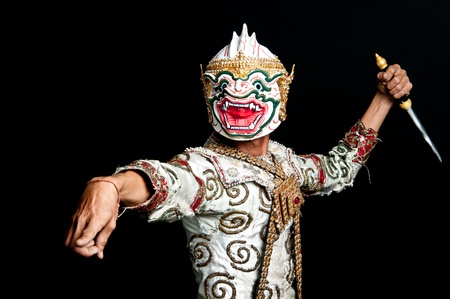 Hanuman of Thailand Dancing art called Khon that high class of dance in Siam Bangkok Thailand. Studio Female Dancing art with Black back ground の写真素材