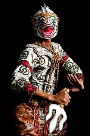 Hanuman of Thailand Dancing art called Khon that high class of dance in Siam Bangkok Thailand. Studio Female Dancing art with Black back ground の写真素材