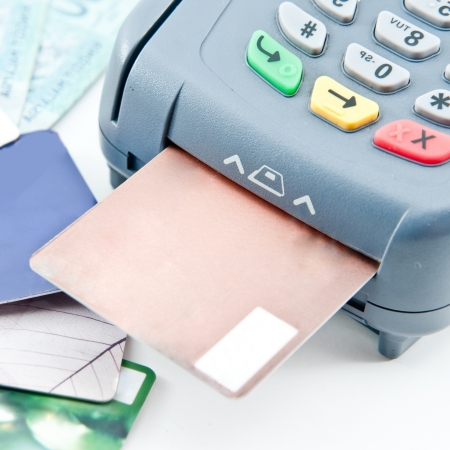 Close up Payment machine on during using Credit card from customer in shopping mallの写真素材