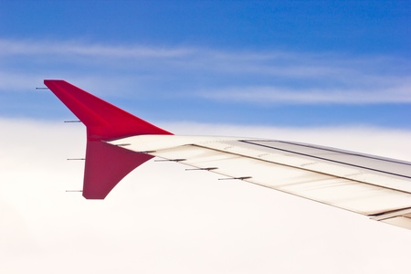 Aircraft wing some component of plane on during flying high above skyの写真素材