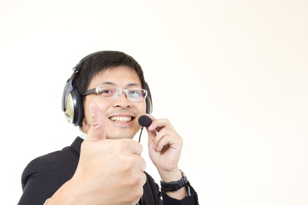 Asian man call center with phone headset with white background