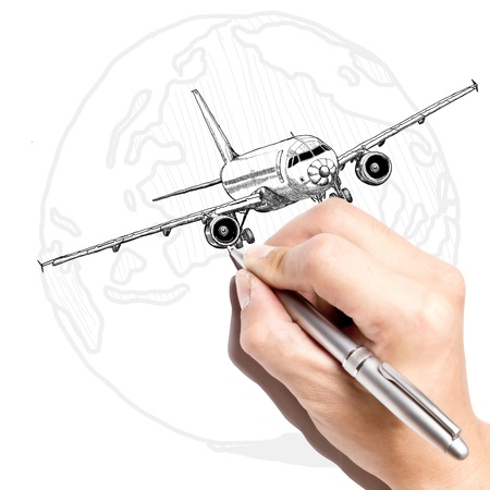 Businessman sketch Airplane with global for travel conceptの写真素材