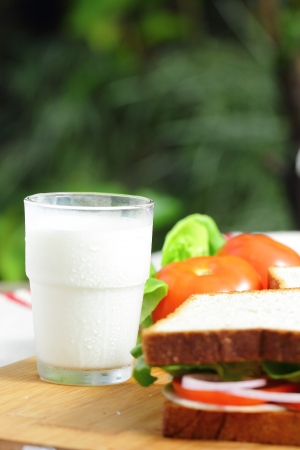 Breakfast with milk on the tableの写真素材