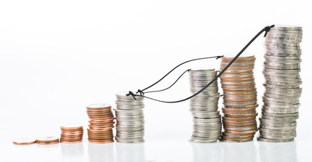 Stack coin up isolated with white backgroundの写真素材