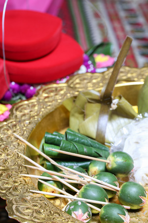 NAKRONPHATHUM THAILAND -JULY 6: Wedding ceremony July 6 2014, Meterial prepared for Thai people parade to make a marriage proposal  in Nakronphathum ,Thailand.のeditorial素材