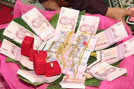 NAKRONPHATHUM THAILAND -JULY 6: Wedding ceremony July 6 2014, Meterial prepared for Thai people parade to make a marriage proposal  in Nakronphathum ,Thailand.のeditorial素材