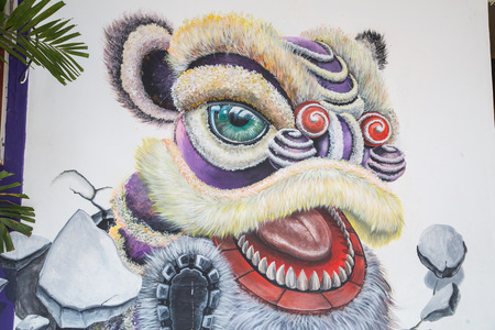 GEORGE TOWN,PENANG ,MALAYSIA- CIRCA March 26, 2015: Public street art of lion head, on the wall  with black and white color in Georgetown, Penang, Malaysia.のeditorial素材