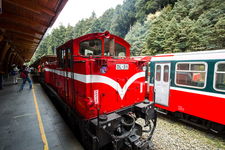 ALISHAN JIA YI TAIWAN-MARCH 5 ,2015: Traditional Train stop in Alishan Train Station for trasport passager to see sun rise in early morning  , JIA YI Province, TAIWANのeditorial素材