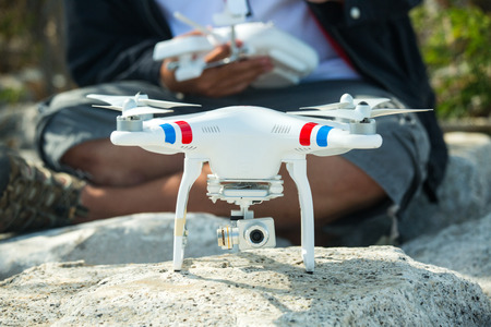 Drone quadrocopter set up for fly to photography aerial view.