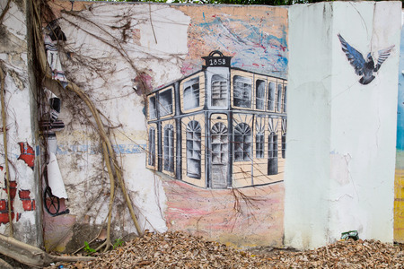 GEORGE TOWN,PENANG ,MALAYSIA- CIRCA March 26, 2015: Public street art Name Local painting on the wall by Local Artist in Georgetown, Penang, Malaysia.のeditorial素材