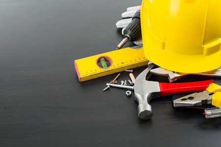 Tools work hardware equipment on wood board.の写真素材