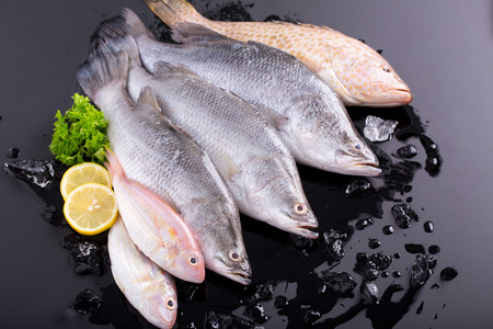 Seafood fish market raw material with black background.