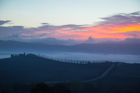 SIENA,ITALY-OCTOBER 20, 2016:Tuscany landscape countryside in the morning.Wonderful field nature view in Italy.のeditorial素材