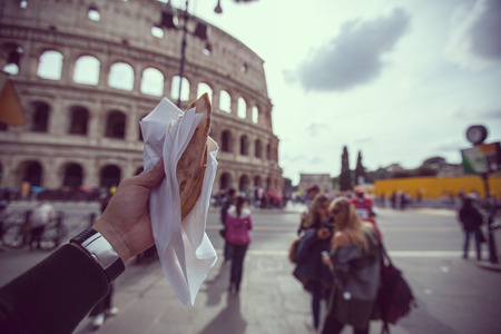 Pizza italian food meal for lunch front of Colloseum ,Rome Italy.の写真素材