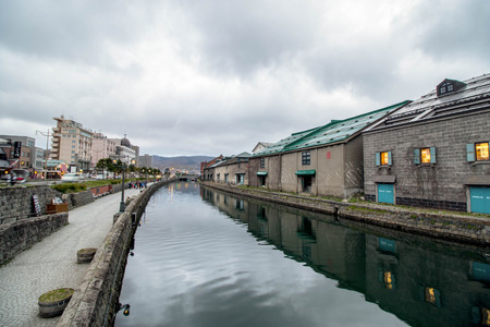 OTARU,JAPAN-APRIL 26,2016:Otaru canal old factory vintage warehousedistrict landscape in Hokkaido ,Japanのeditorial素材