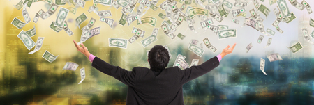 Businessman happiness after take money income to his companyの写真素材