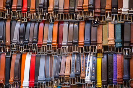 Florence market leather belt collection for tourist people.の写真素材