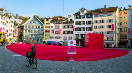 ZURICH,SWITZERLAND-June 14 ,2018 : Pink color carpet in Kornhausstrasse that call Stadtlounge show art in the center city in Zurich.のeditorial素材