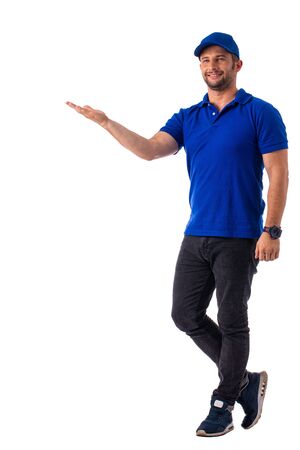 Delivery worker man post  with white background.の写真素材