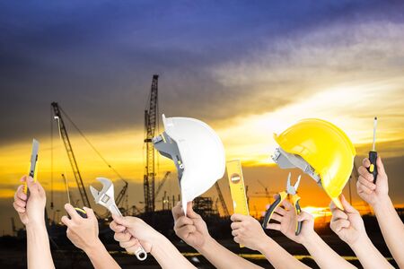 Tools working hand holding equipment set with isolated white background.の写真素材