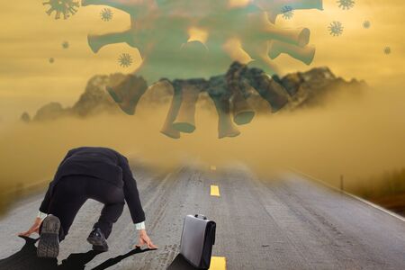 Businessman start for brave and flight problem with corona virusの写真素材