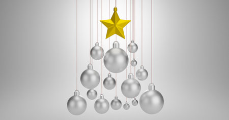 3D rendering of decoration object christmas ball and golden star .Hanging season happy new year.の写真素材