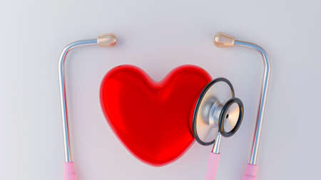 3D rendering Stethoscope and heart.Red love for cardiologist health medical equipment.