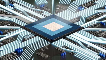 3D rendering CPU processor block chain system with cuircuit board.Industrial equipment microcircuit...