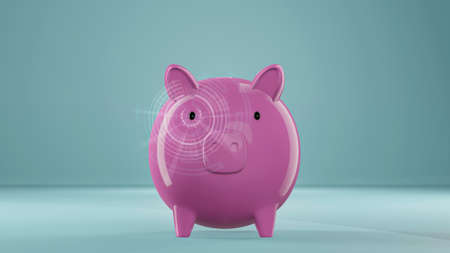 3D rendering pinggy bank with furture eye technology focus for investment. Retro bank economical symbol of finances to retirement in the future.の写真素材