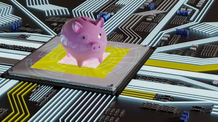 3D rendering pinggy bank leader of crypto currencies for save and make market investment.Invesment business of bitcoin.の写真素材