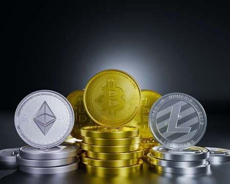 3D rendering crypto currency of Litecoin, Bitcoin, Ethereum concept business for trade symbol for...