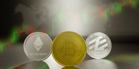 3D rendering bitcoin ,Litecoins, ethereum coin money concept. Blockchain digital finance payment.Metallic network electronic trading.の写真素材