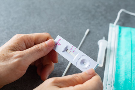 Rapid Antigen Test kit for check coronavirus result is negative result with report document.Covid-19 Ag with nasal rapid test.Healthy fast checking virus disease infection.の写真素材