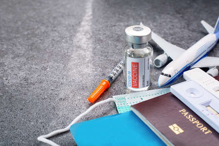Rapid test with nasal and saliva antigen test kit for quick test before take your flight.Healthy vaccination passport for control coronavirus and prevent passager for seperate before transportation.の写真素材