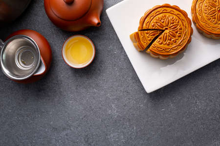 Chinese mooncake traditional sweet food for tasty.Asian dessert cuisine.Homemade cake for celebrate...