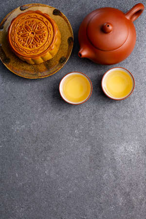 Chinese mooncake traditional sweet food for tasty.Asian dessert cuisine.Homemade cake for celebrate mid-autumn festival seasonal.の写真素材