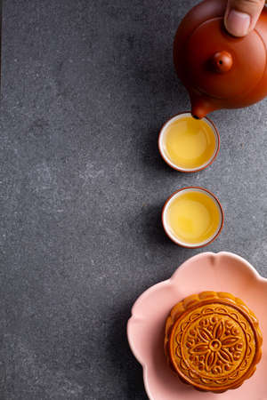 Chinese mooncake traditional sweet food for tasty.Asian dessert cuisine.Homemade cake for celebrate mid-autumn festival seasonal.の写真素材
