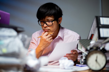 Asian businessman search and check report for analysis information data for send report to customer.Working overtime.Freelancer business.Working overtime.の写真素材