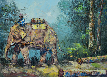 Original oil painting on canvas - Elephant to drag logs in Thailandの写真素材